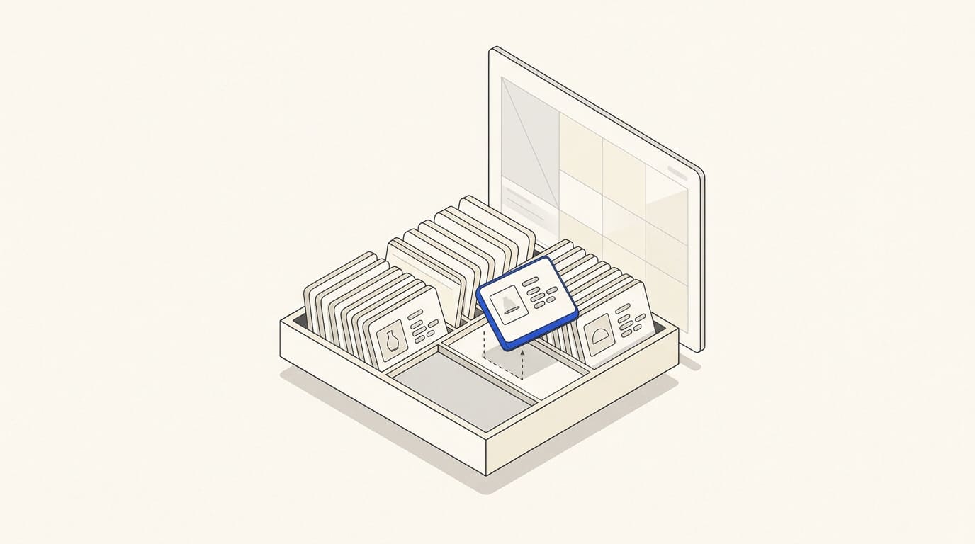 An organiser of product records, image tiles and blank fields beside a catalogue panel.