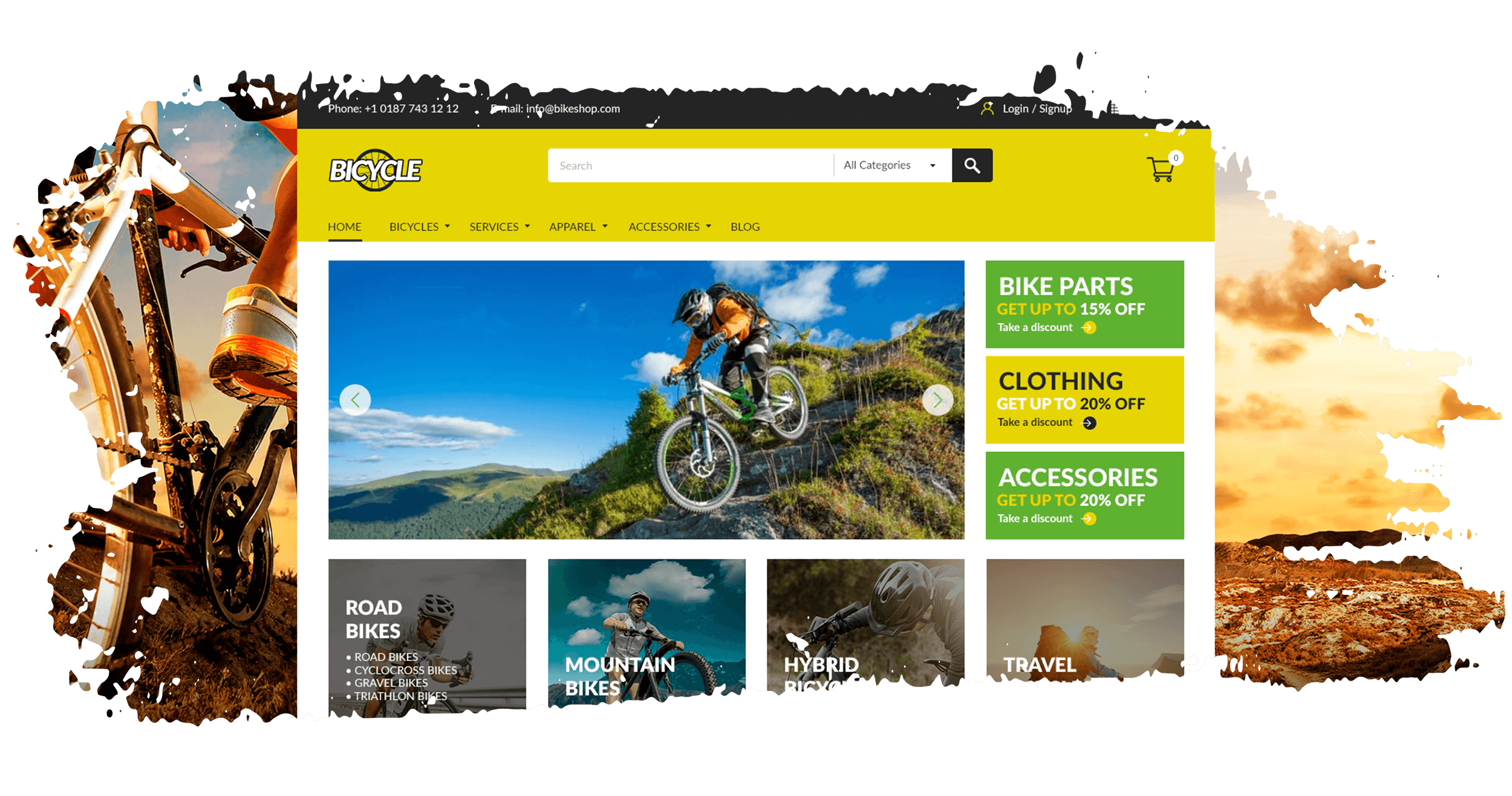 Пример разработанного сайта компании, которая занимается продажей велосипедов и аксессуаров, оформленный в портфолио веб дизайнера