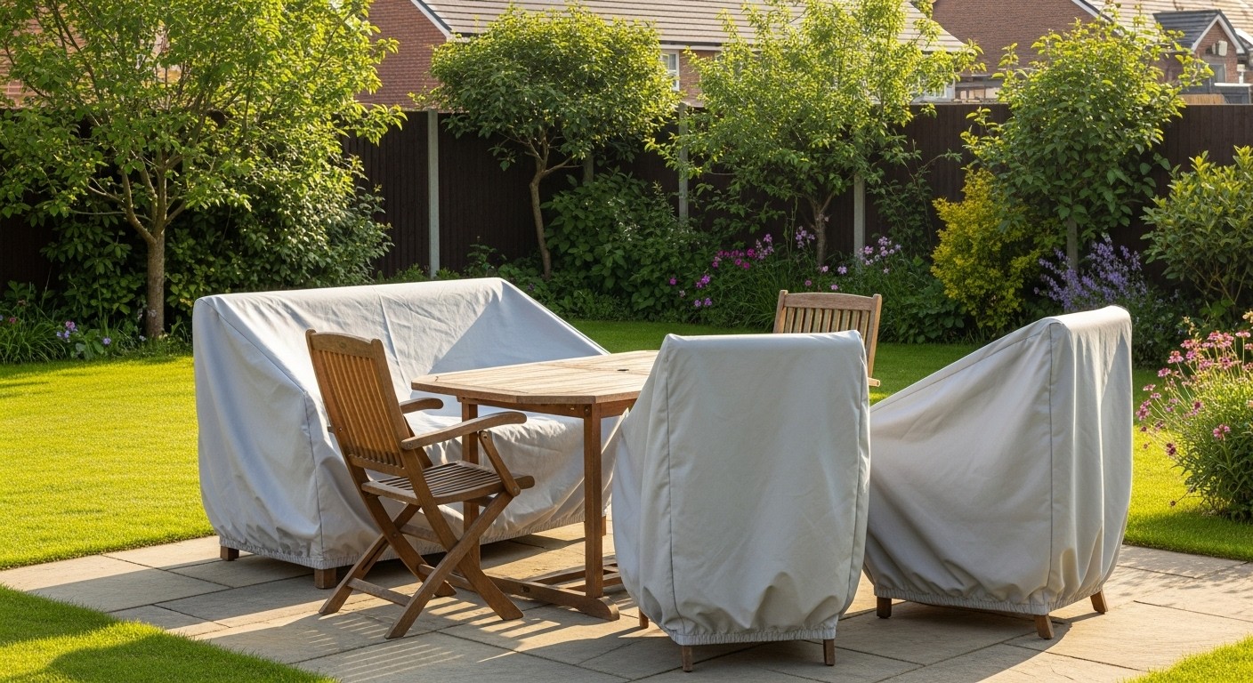 Садовая мебель накрыта защитными чехлами из ткани оксфорд на даче для укрытия от дождя и сохранности в летний сезон
