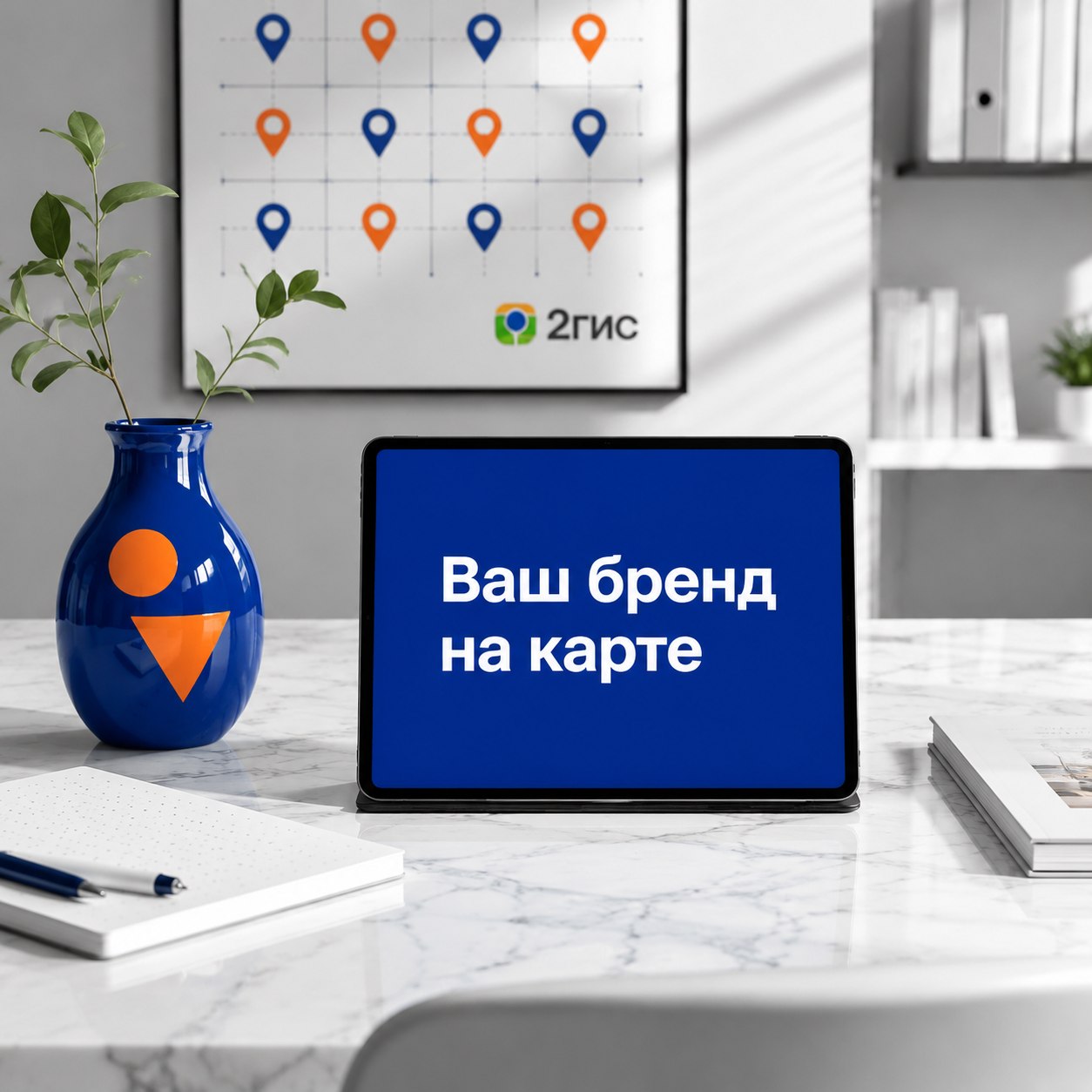 Вид сверху на белый стол с планшетом, отображающим Ваш бренд на карте, в ярких фирменных цветах с логотипом 2гис