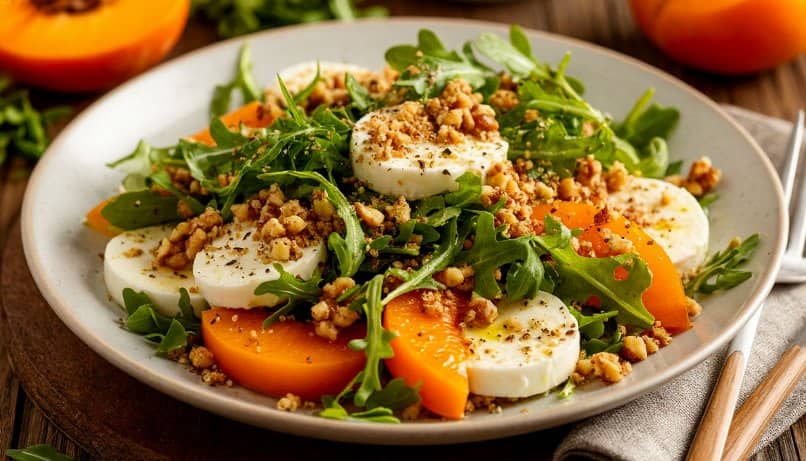 Салат с хурмой, сыром моцарелла, рукколой и орехами