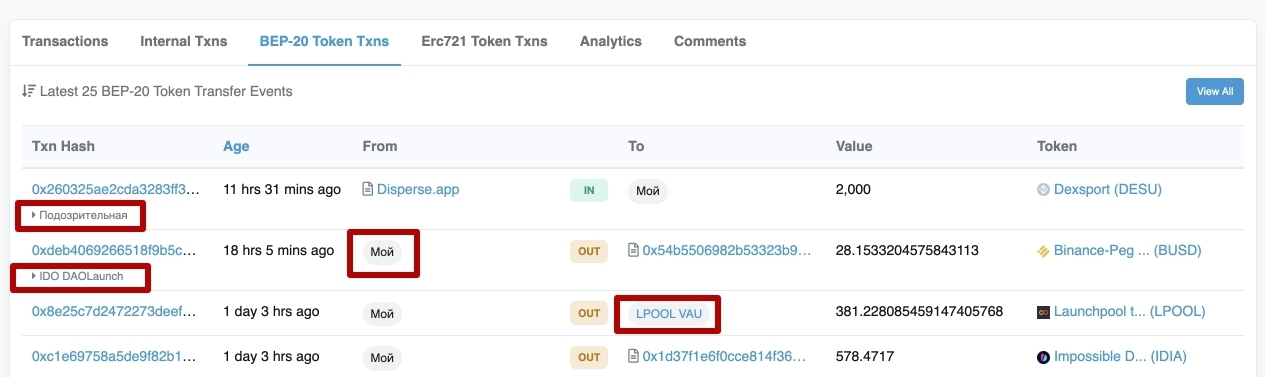 помеченные транзакции в Binance Smart Chain