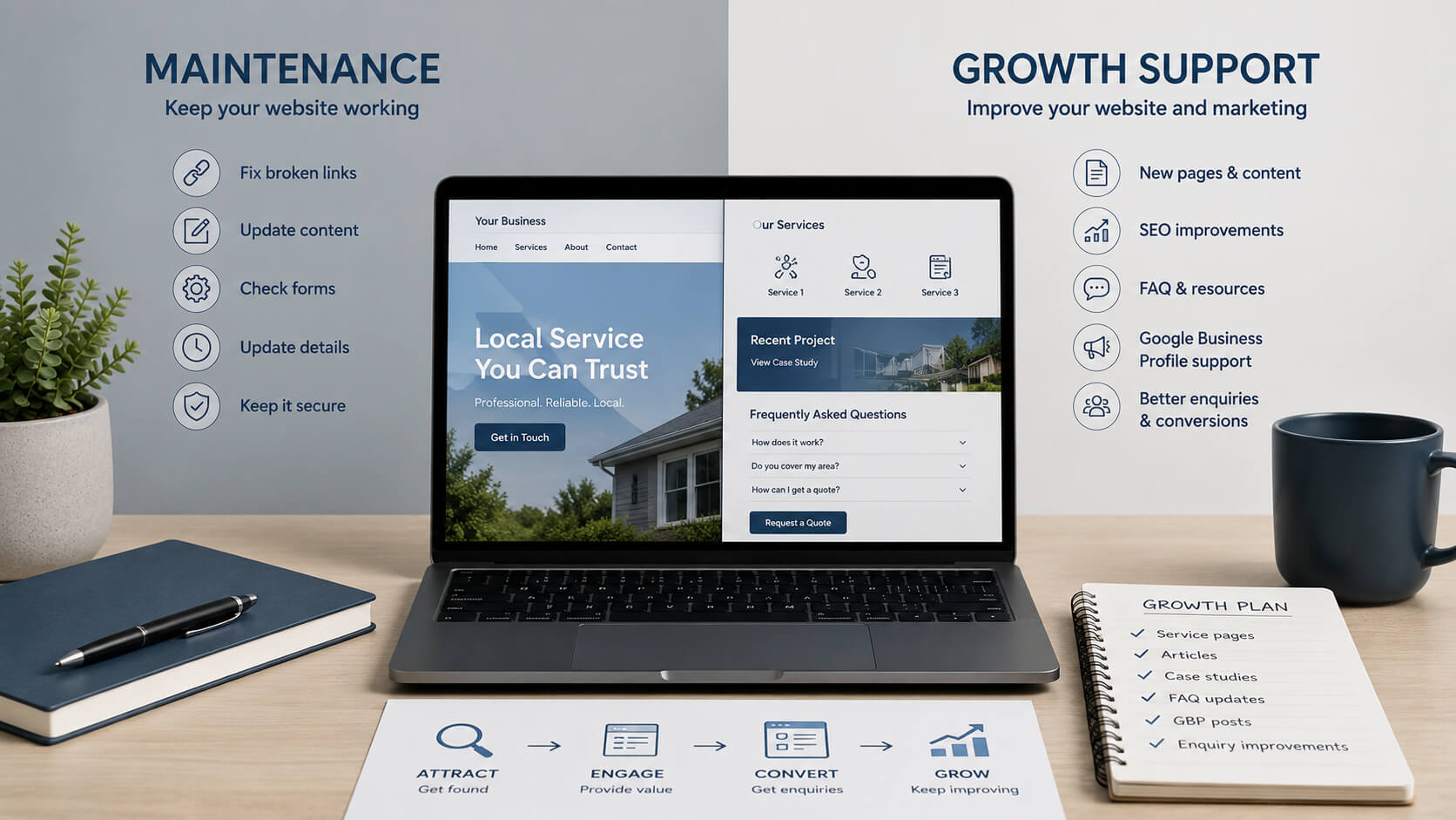 Abstract website support concept showing basic maintenance tasks and marketing growth work for a small business website