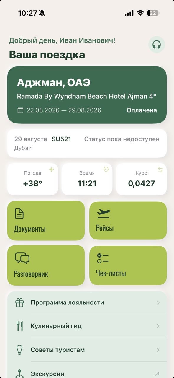 Главный экран приложения: поездка, статус рейса, погода и курс