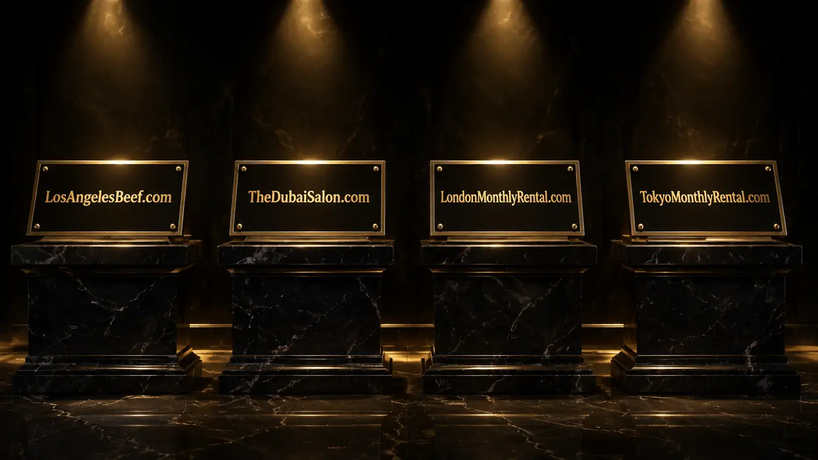 Luxury dark marble showcase displaying premium geo domain names like LosAngelesBeef and TheDubaiSalon on golden plaques.