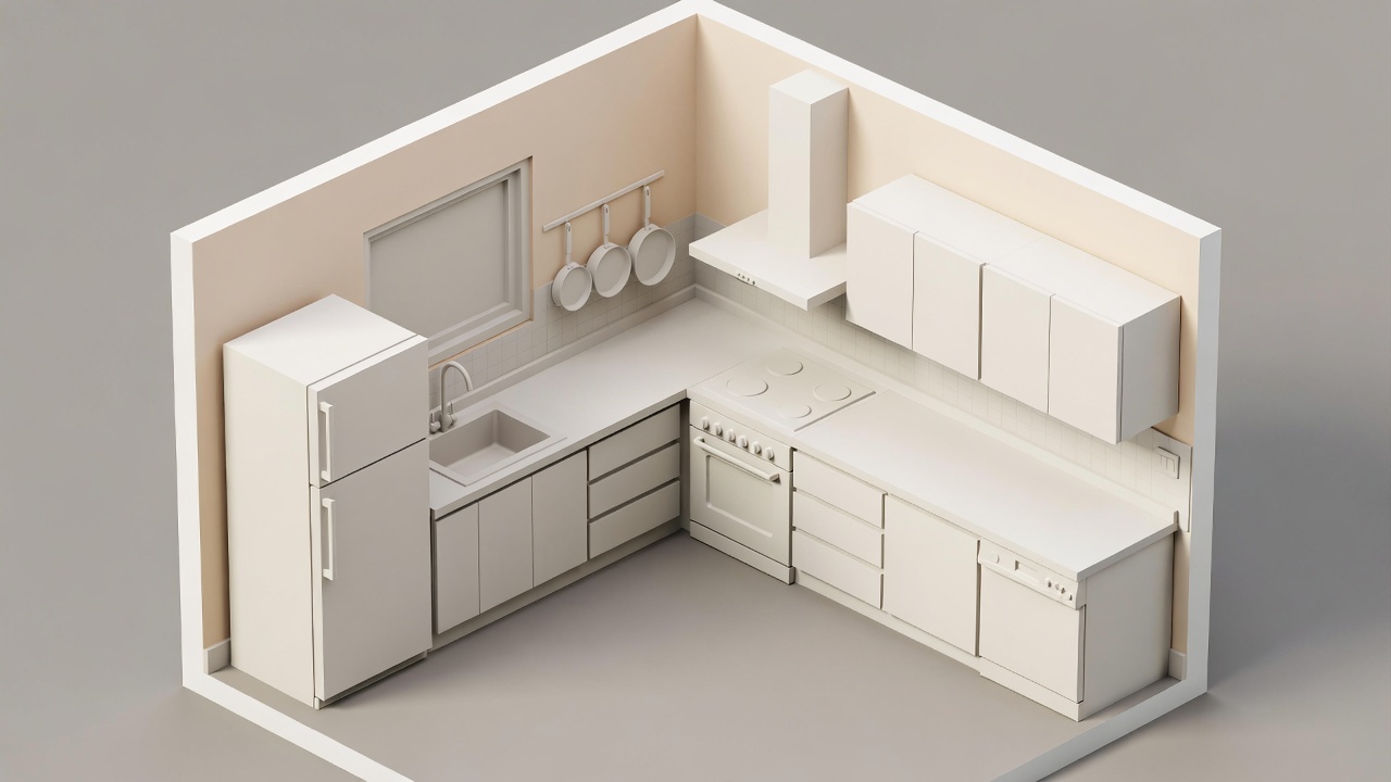 A 3D isometric illustration of a minimalist kitchen layout with appliances and work areas in a flat, minimalistic style.