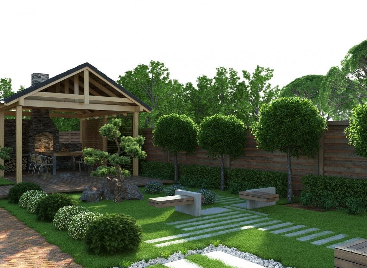 Ландшафтный дизайн участка 4 сотки с домом и террасой фото
