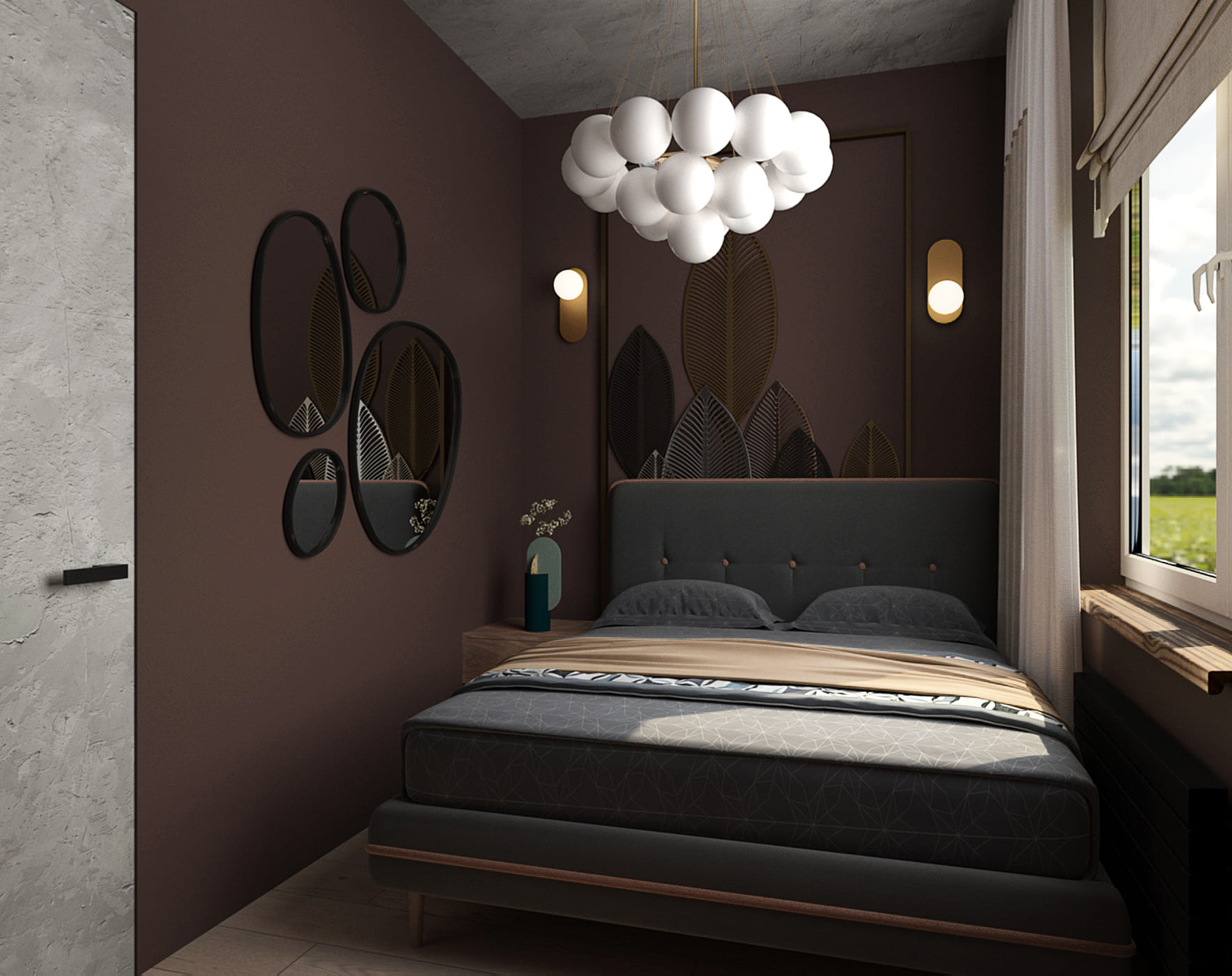 дизайн маленькой тёмной спальни с шоколадным оттенком, люстрой с шарами и панно в виде зеркал на стене