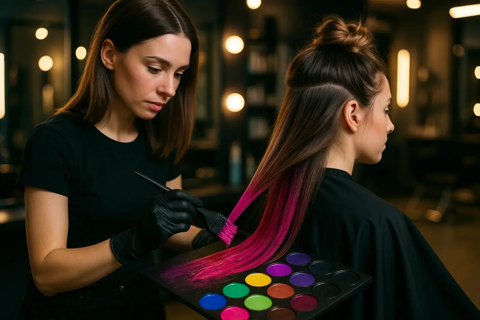 Колорист наносит яркую краску на нижние пряди волос при скрытом окрашивании