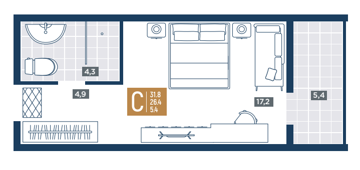 Планировка студия 31,8 м²