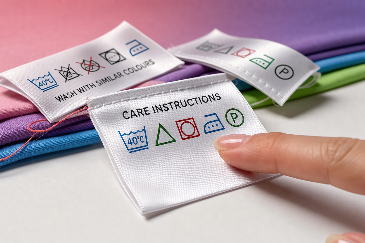 Close-up of clothing care labels with common washing symbols and a finger pointing at a temperature icon, neutral background