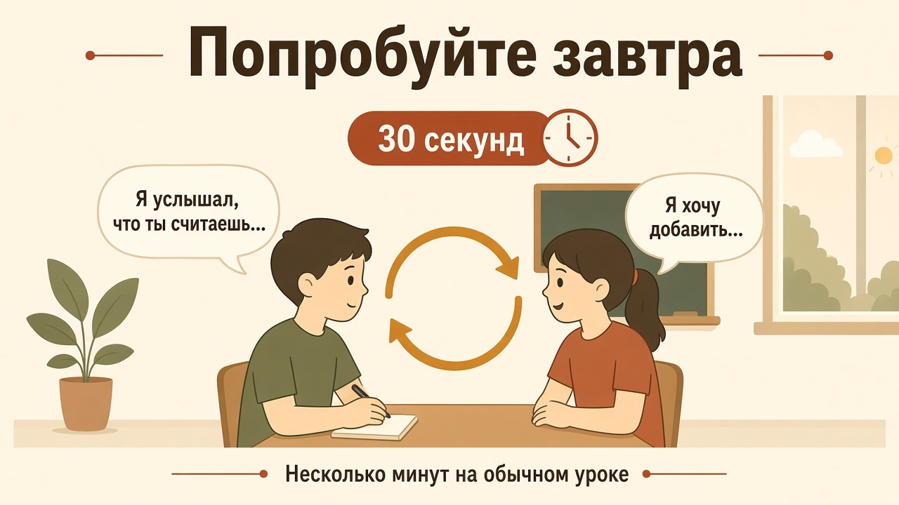 Пара на уроке: 30 секунд, затем «я услышал» и «я хочу добавить»