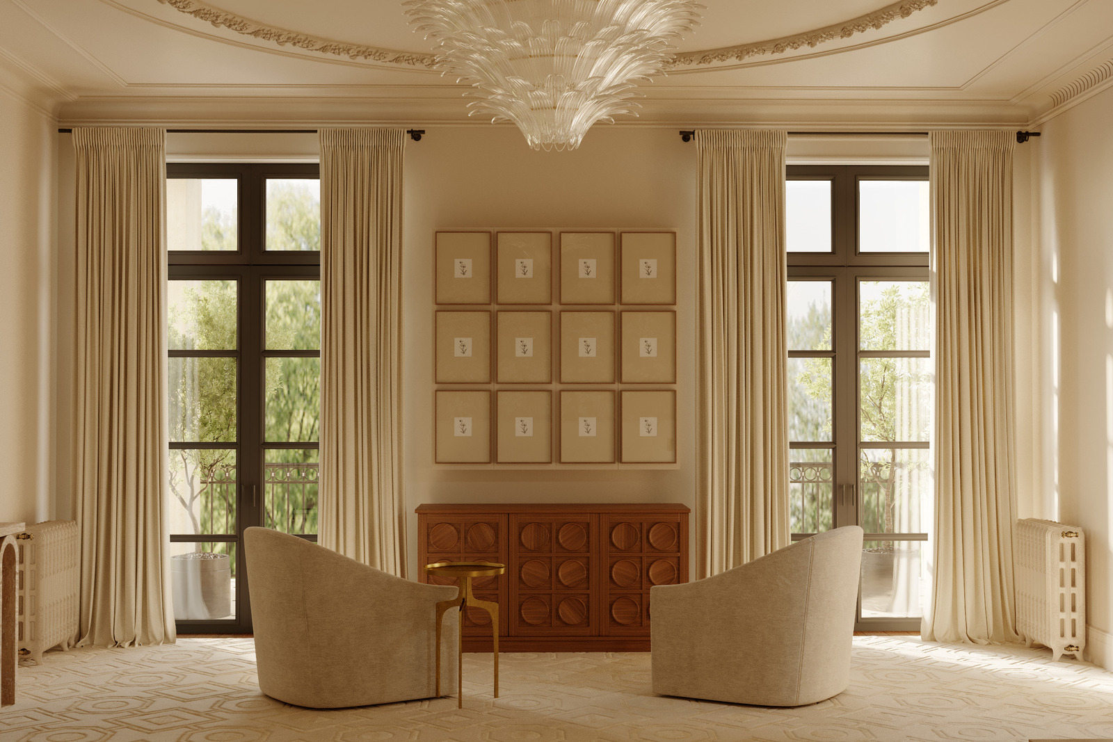 Светильник Barovier&amp;Toso, гипсовая лепнина, скрытый телевизор в интерьере спальни загородного дома дизайнера Екатерины Фёдоровой