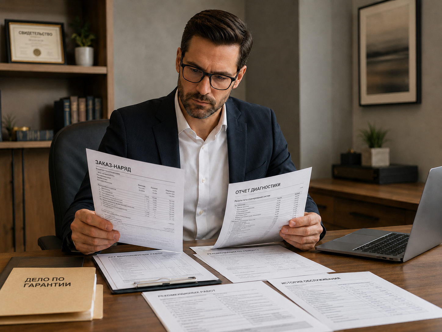 Юрист изучает заказ-наряд, акт диагностики и документы по гарантийному ремонту автомобиля