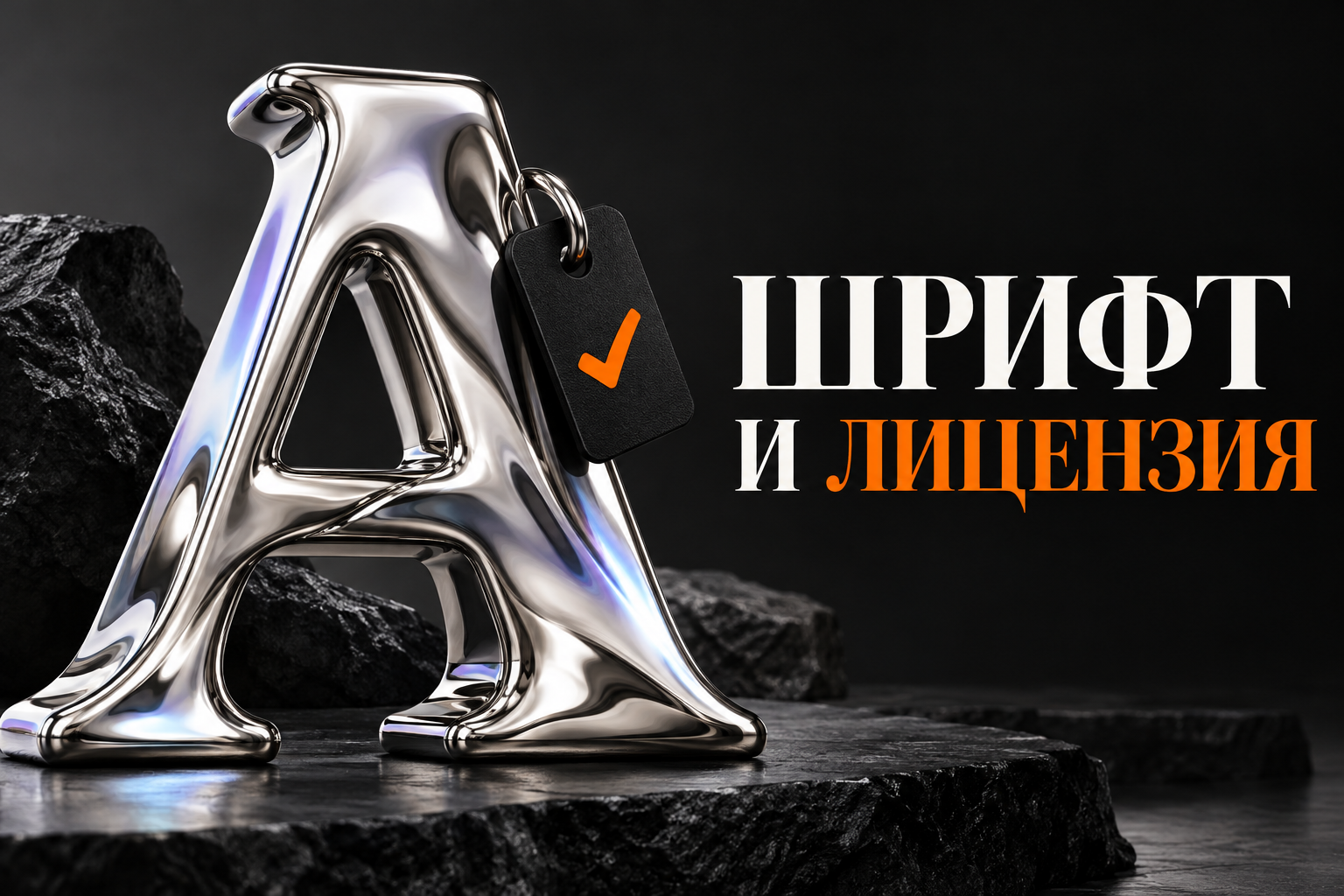Шрифт и лицензия: металлическая буква и отметка проверки прав.