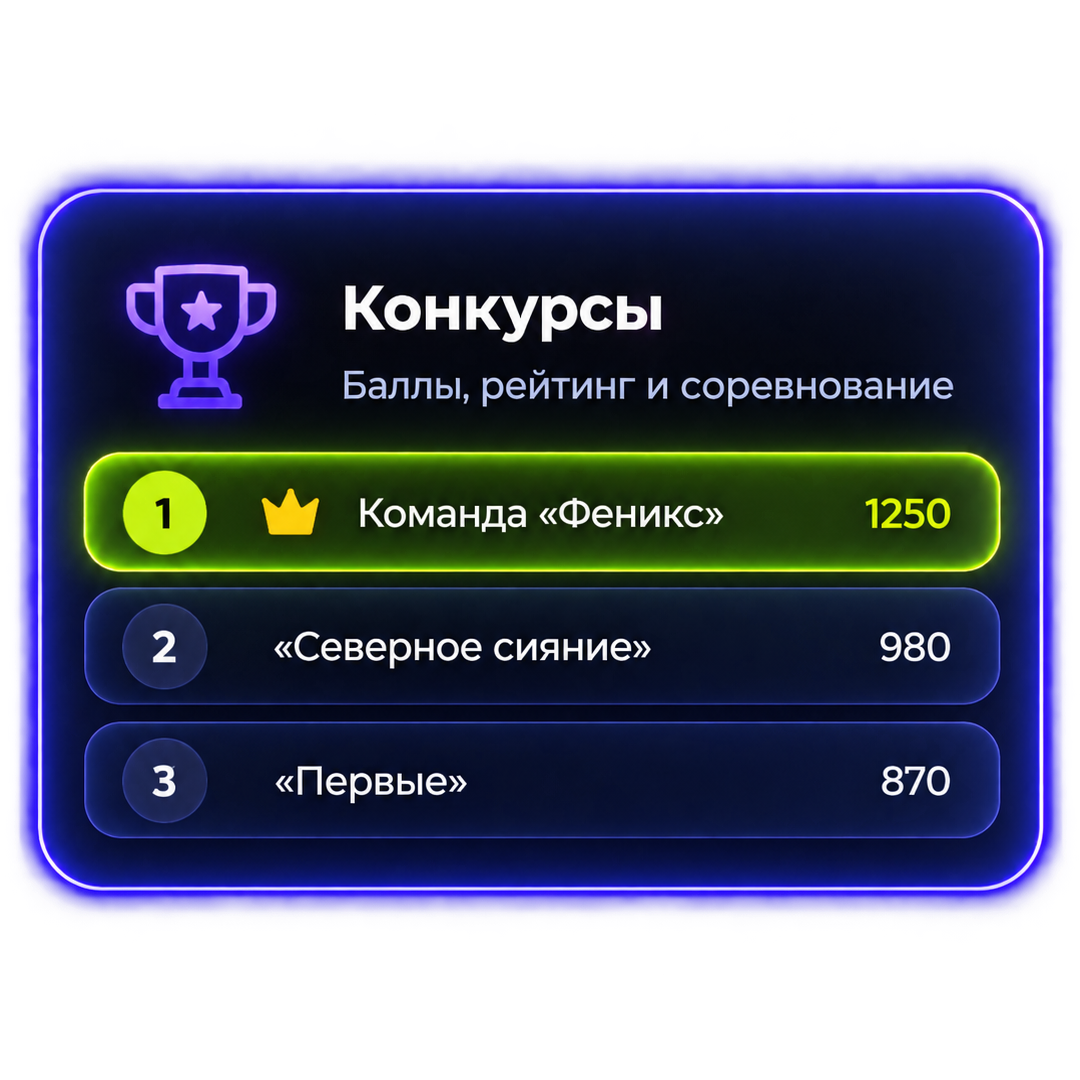 Конкурсы — баллы, рейтинг и соревнование. Команды видят свои результаты в таблице лидеров.