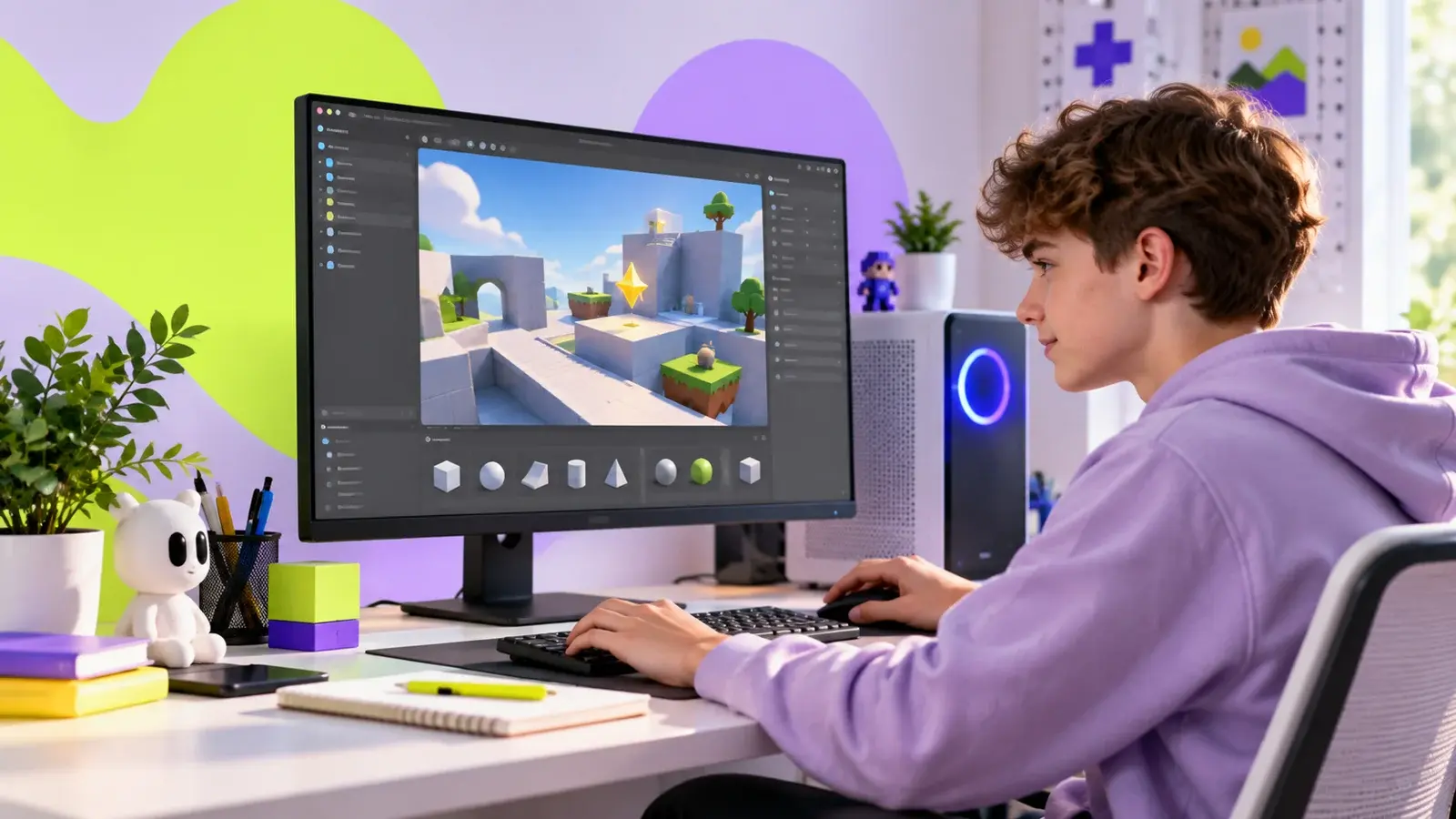 Подросток собирает трёхмерный игровой уровень в редакторе Unity