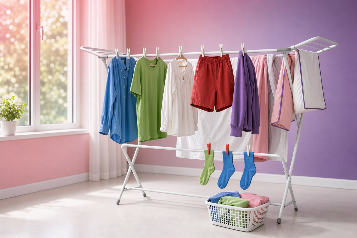 Indoor drying rack near a bright window with various garments and bed linen hung to dry