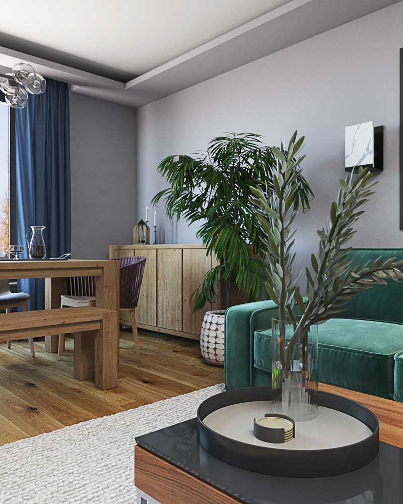 Глянцевый столик с деревом. Декор в гостиной, светильник над диваном 