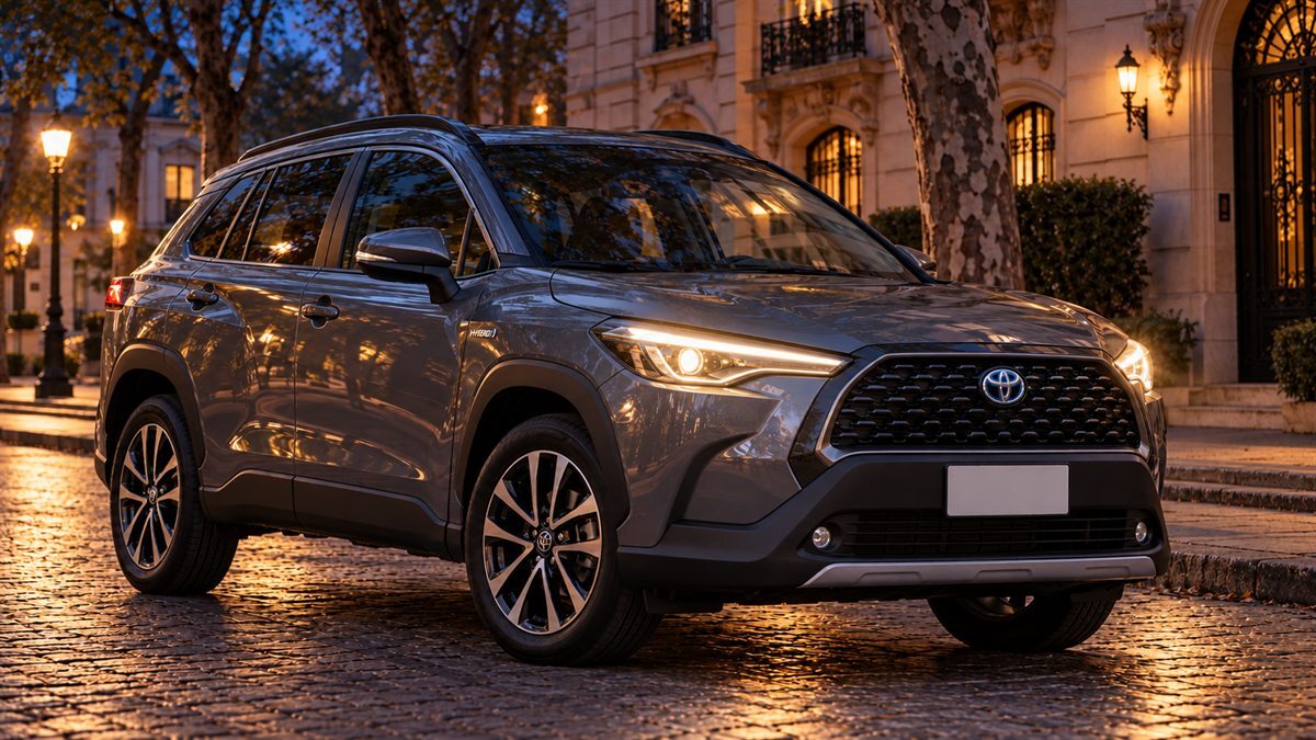 Toyota Corolla Cross 1.8 Hybrid SEG e-CVT 2023 — серый, фото 1 — фары включены