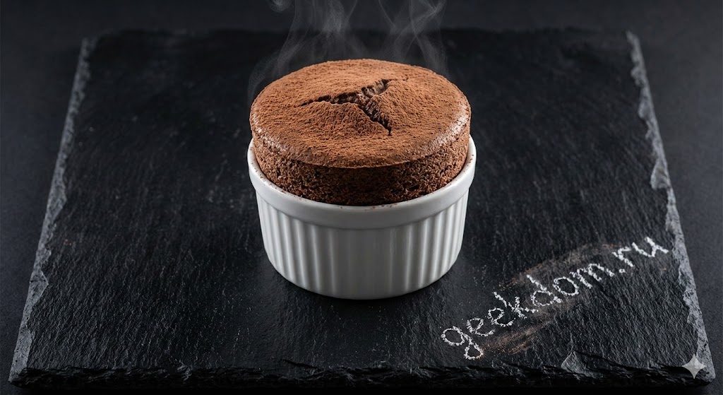 Готовое шоколадное суфле в белой форме на черном сланце