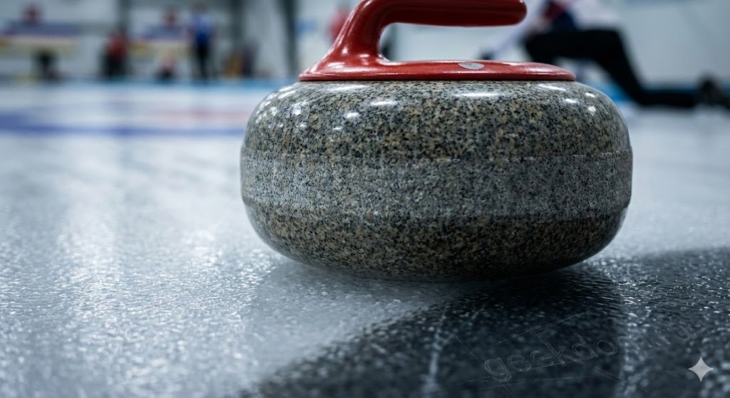 Гранитный камень для кёрлинга скользит по льду