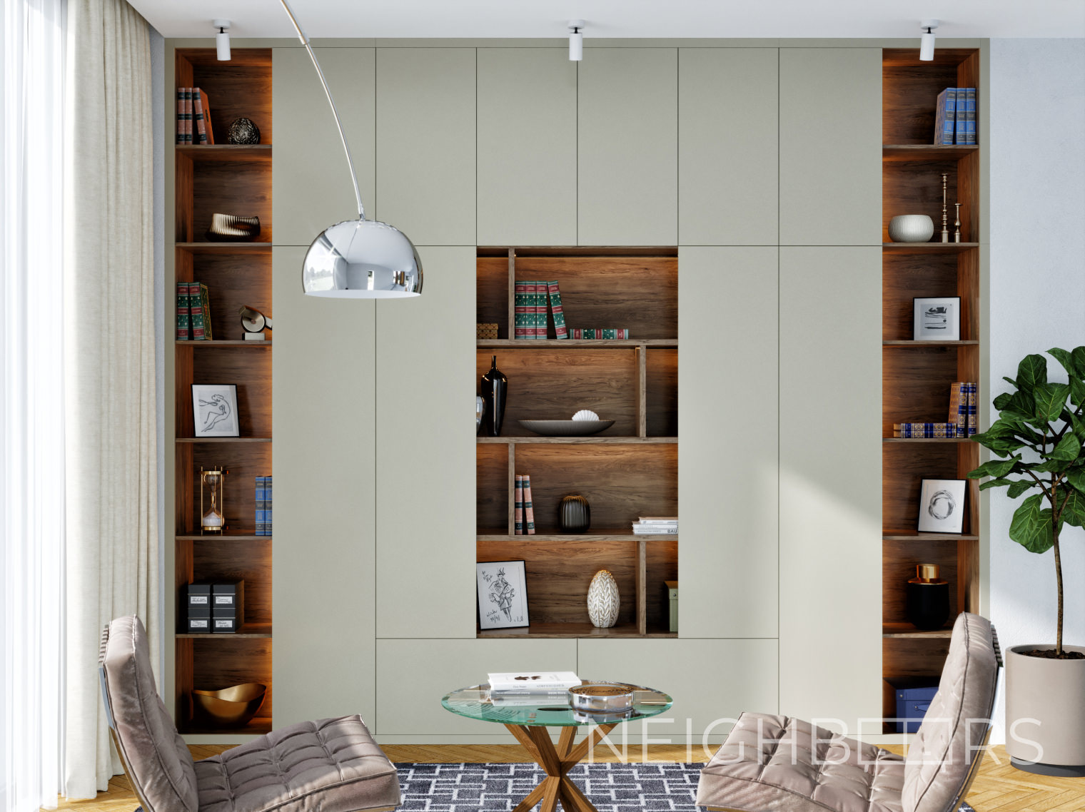 Библиотека - шкаф в гостиную с открытыми секциями