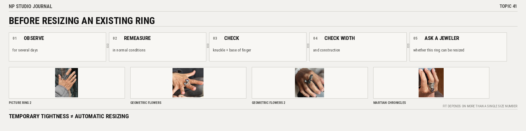 Before resizing an existing ring: observe several days, remeasure, compare knuckle and finger base, check width and ask a jeweler