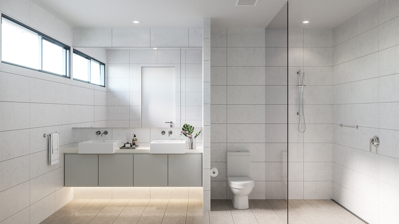 Spa-like bathroom interior rendering with freestanding bathtub and large windows