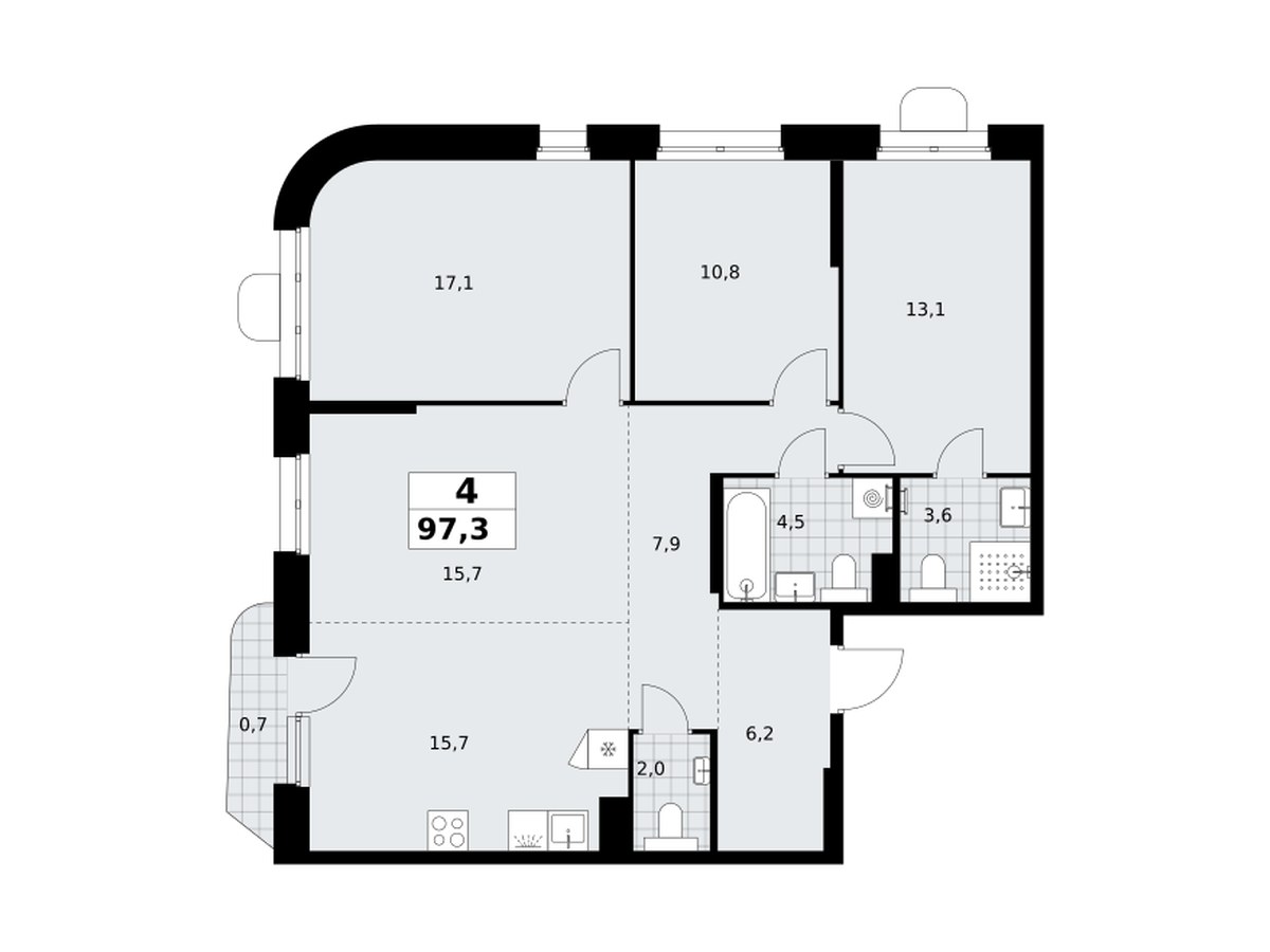 Планировка: 4-комнатная квартира 97,3 м², ЖК Прокшино, корпус 10.3.2