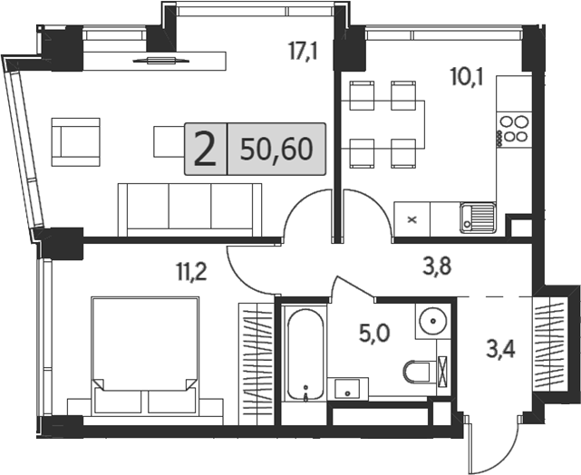 2-комн 50,60 м²
