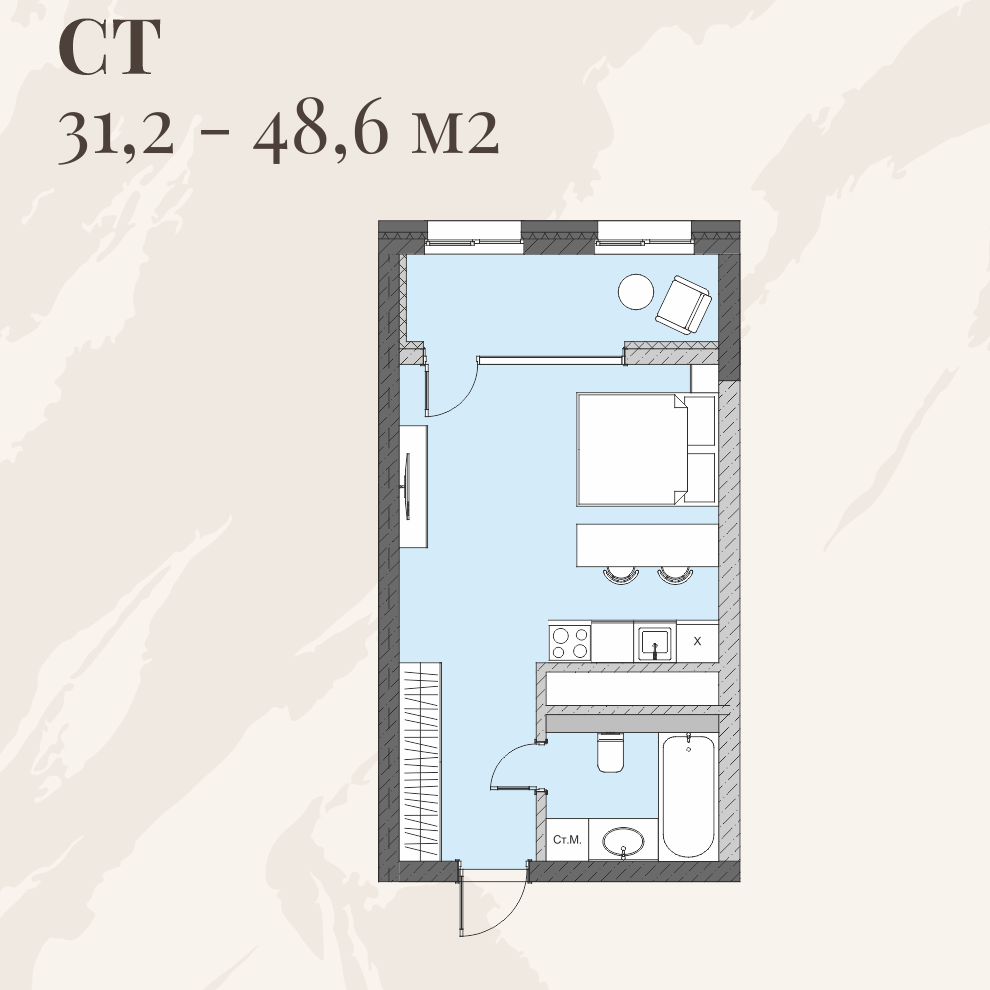 Планировка студии в ЖК Олимпия, 31,2–48,6 м²