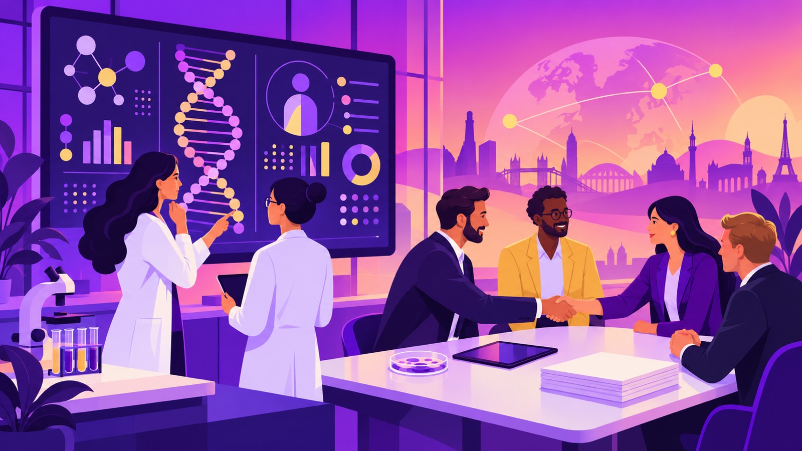 EP PerMed funding illustration: women founders and clinicians studying genetic data while a transnational consortium shakes hands over a lab table