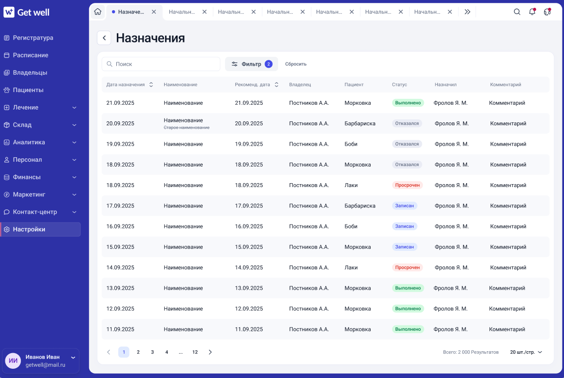 Таблица назначений пациентов клиники в Get Well