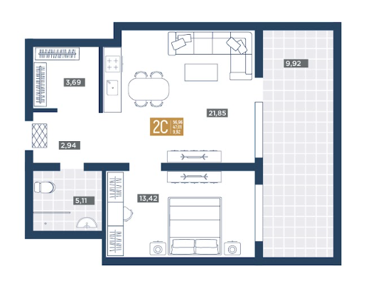 Планировка 2-комнатная 56,96 м²
