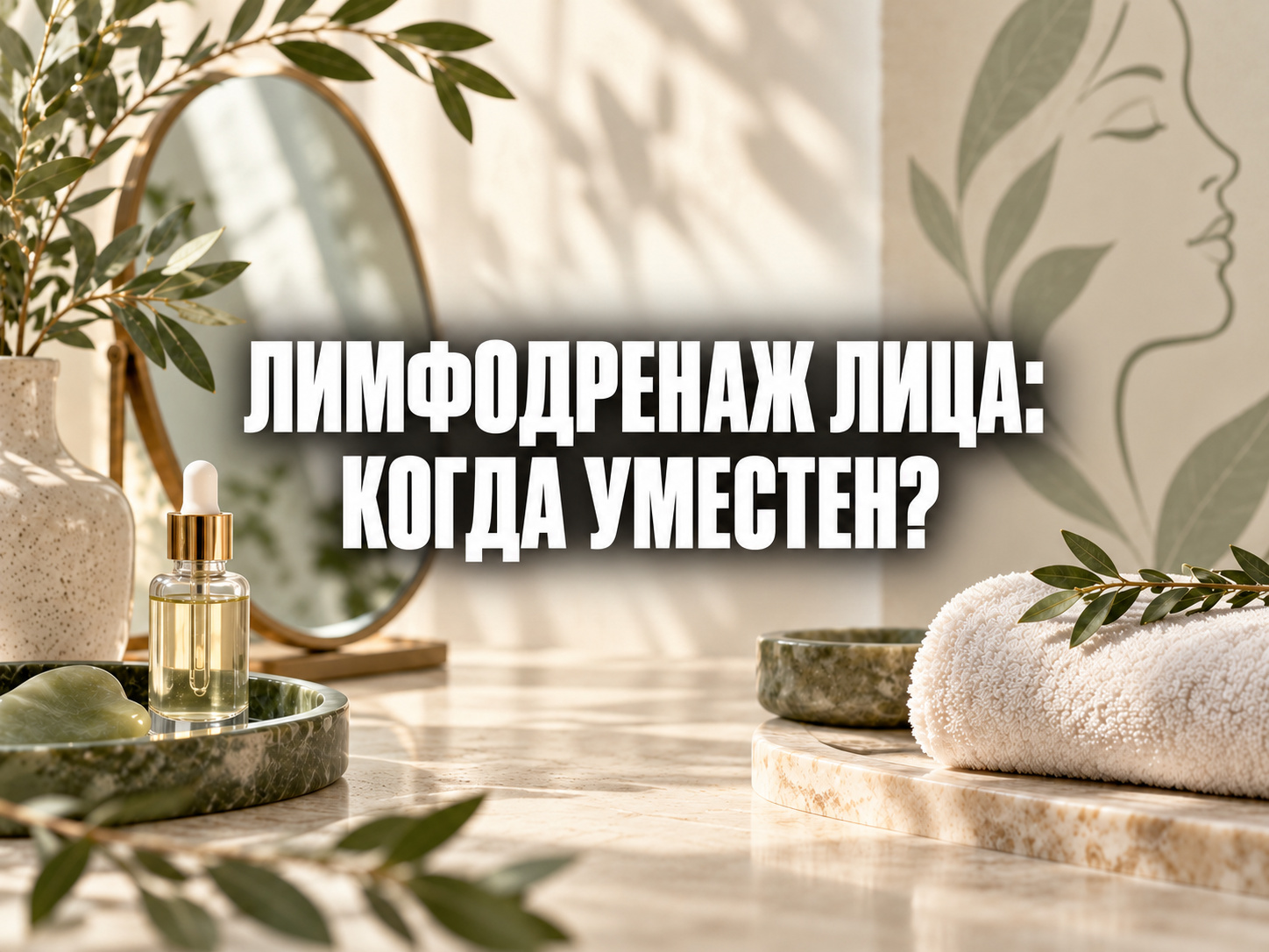 Светлая спа-композиция с зеркалом, сывороткой, полотенцем, растениями и контуром профиля лица; по центру фраза «ЛИМФОДРЕНАЖ ЛИЦА: КОГДА УМЕСТЕН?»