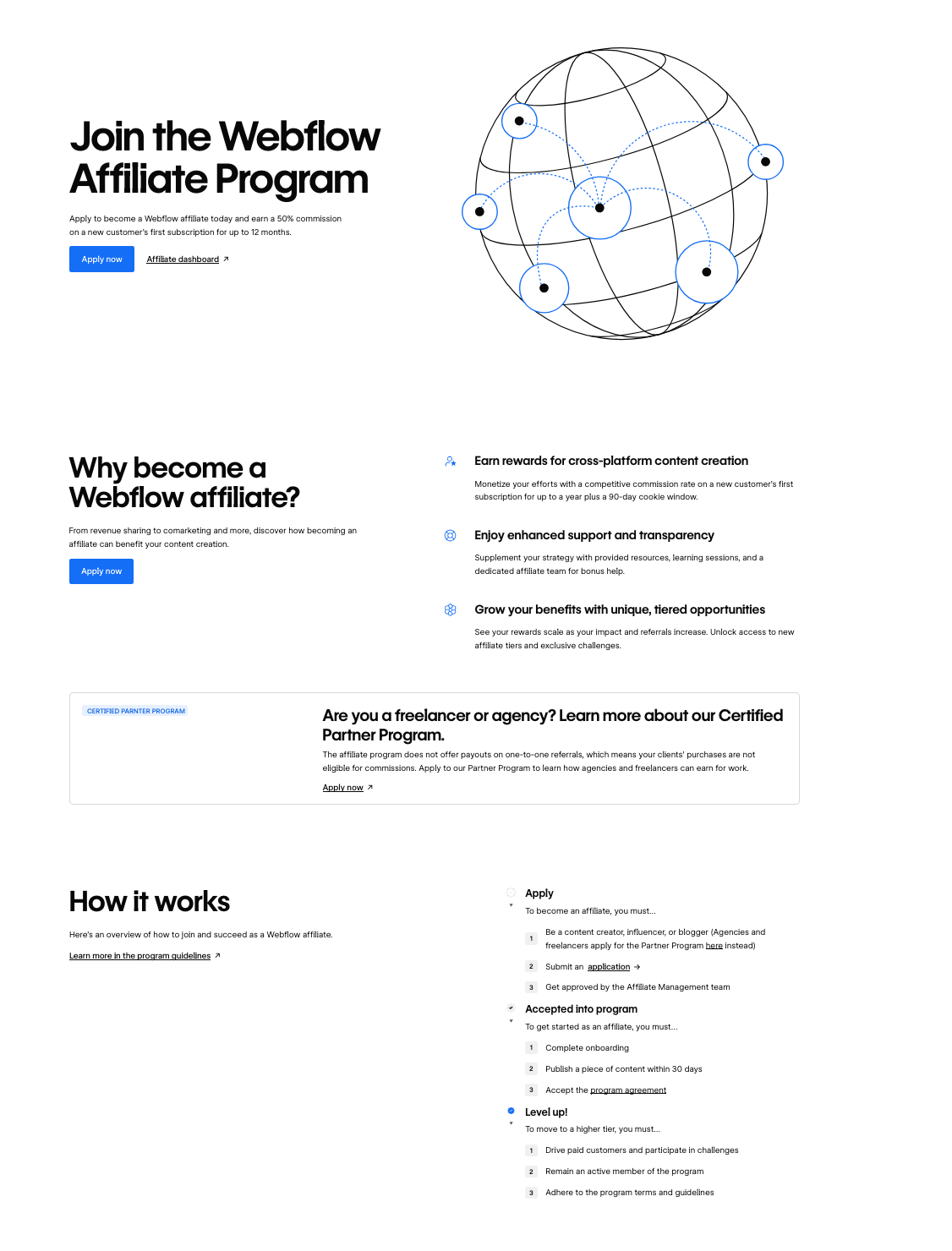 Infografía que explica las ventajas de ser afiliado de Webflow. Muestra cómo el programa ayuda a maximizar ingresos a través de ganancias por referidos y a hacer crecer la marca mediante campañas de comarketing, detallando el proceso y los beneficios clave.