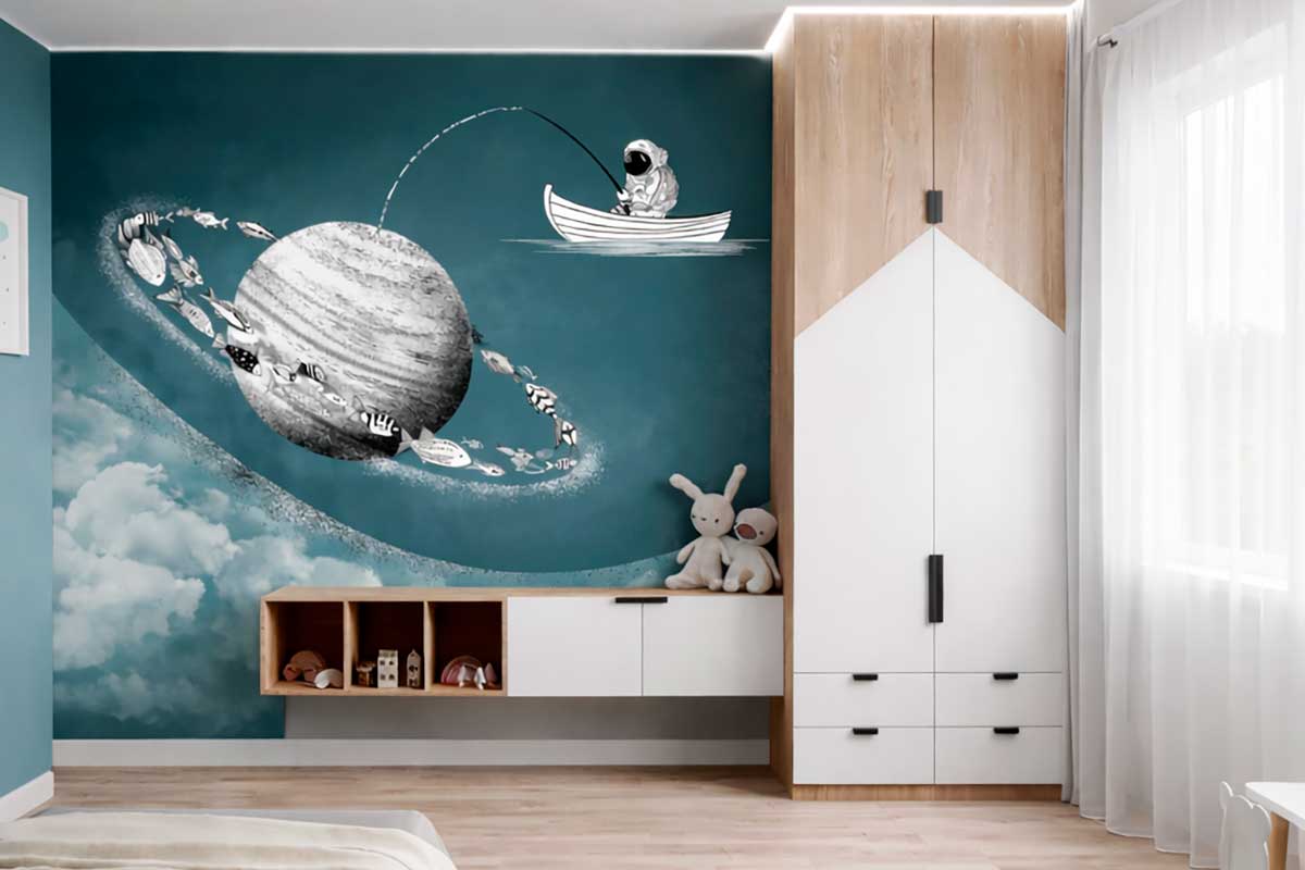 Фотообои «Космическая рыбалка» Aquamarine в интерьере детской комнаты с планетой и космонавтом