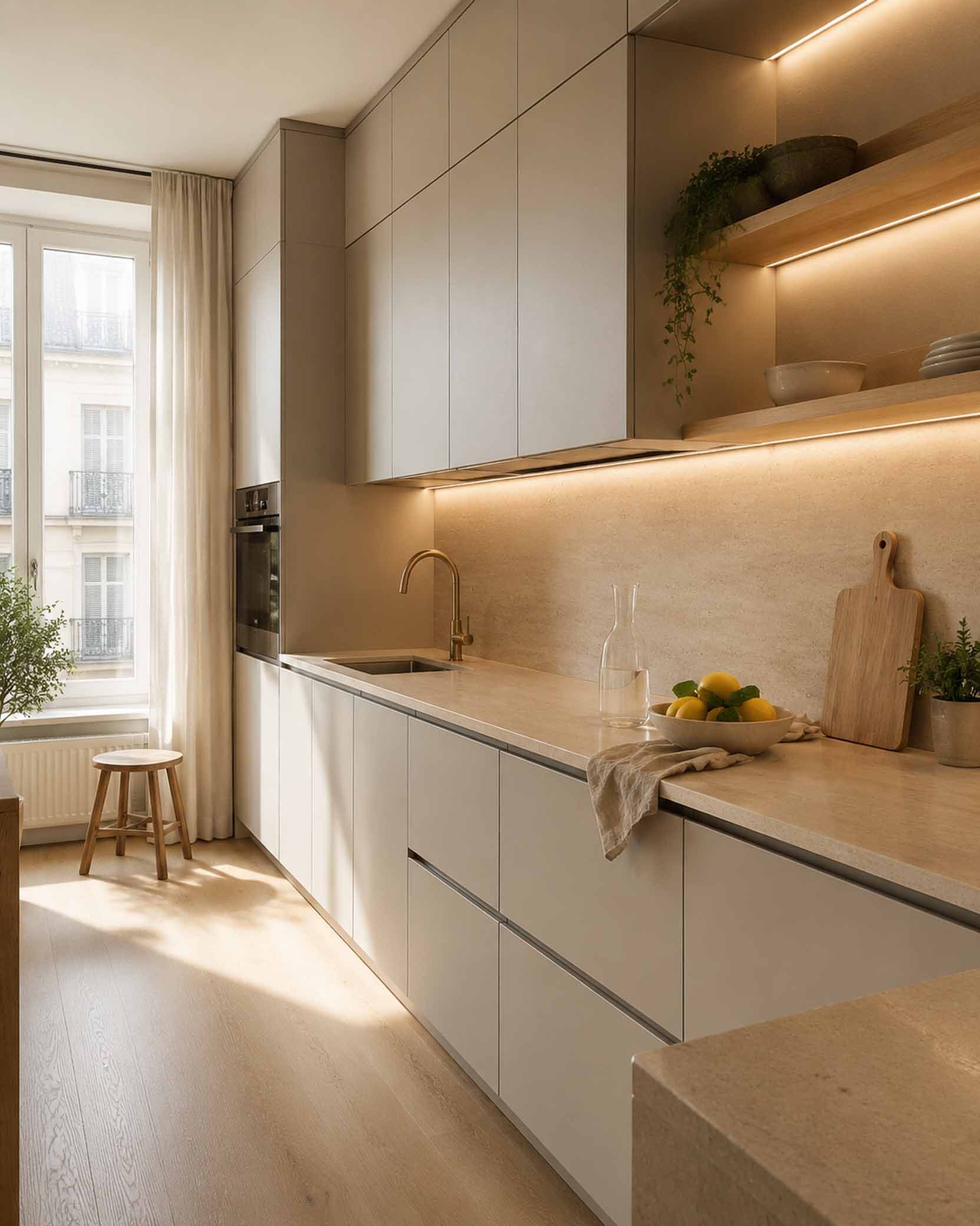 Светлая современная кухня в стиле warm minimalism с матовыми фасадами оттенка greige каменной столешницей и мягкой тёплой подсветкой рабочей зоны и полок.
