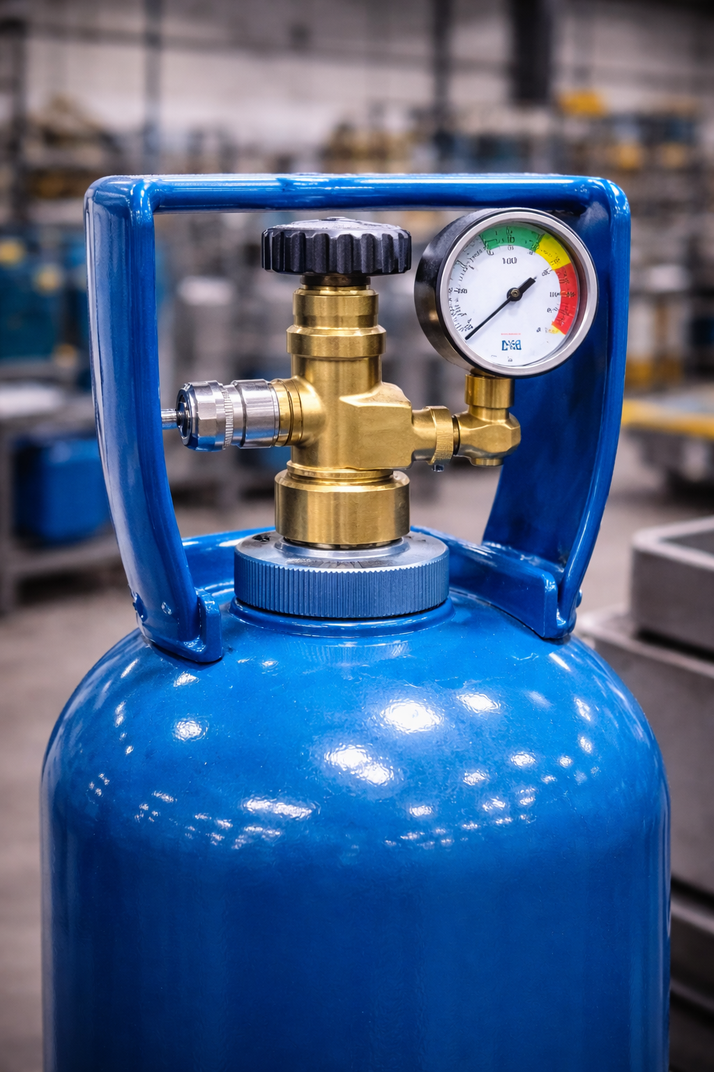 Несколько промышленных газовых баллонов разных цветов с вентилями и защитными колпаками, установленных в промышленном помещении.