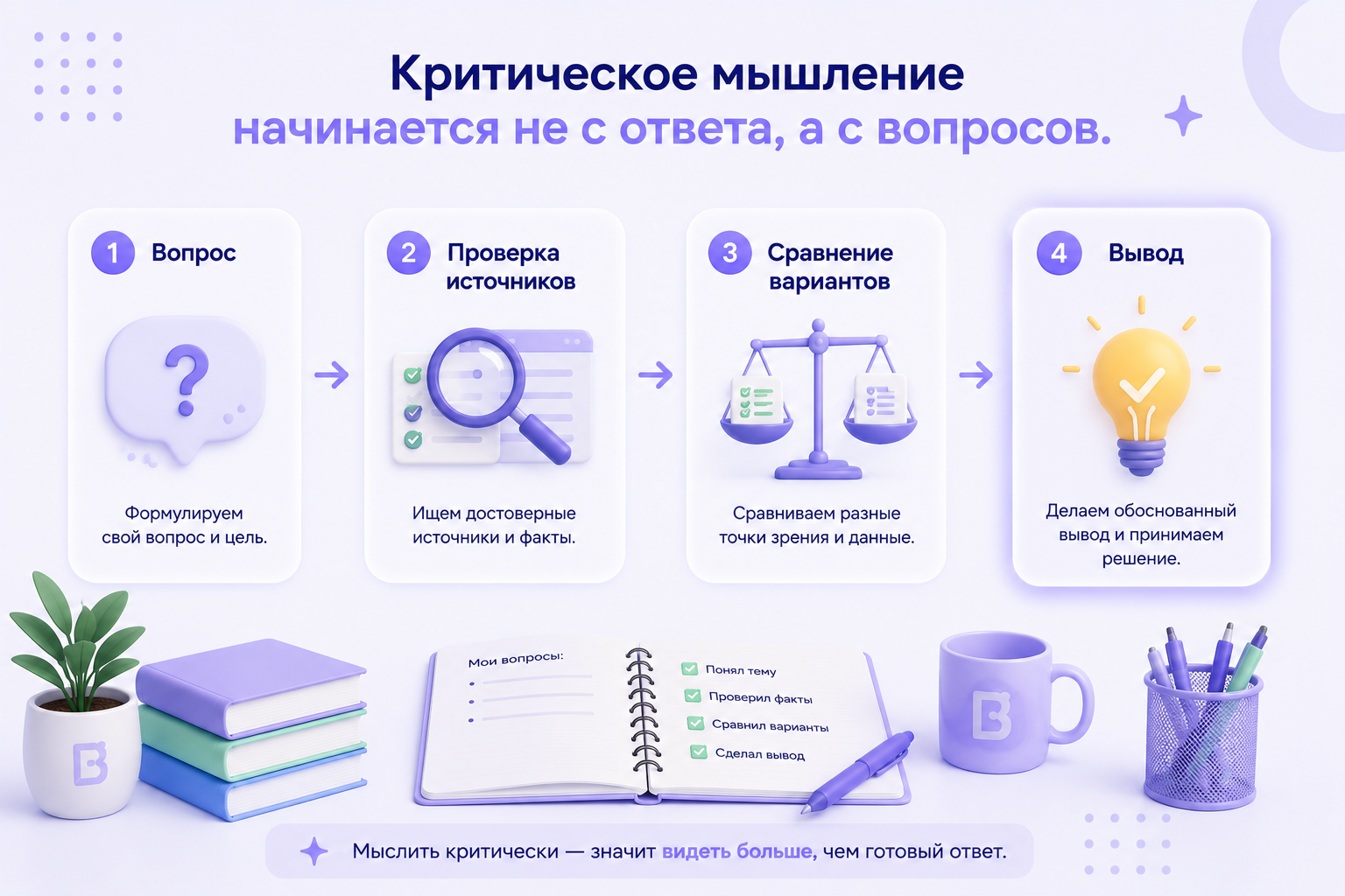 Инфографика Brainius, показывающая этапы критического мышления: от постановки вопроса и проверки источников до сравнения вариантов и принятия обоснованного решения в эпоху искусственного интеллекта.