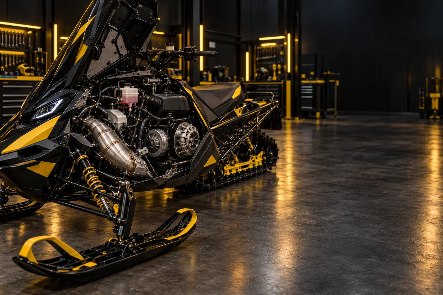 Снегоход с открытой сервисной панелью в мастерской Brutal Motors
