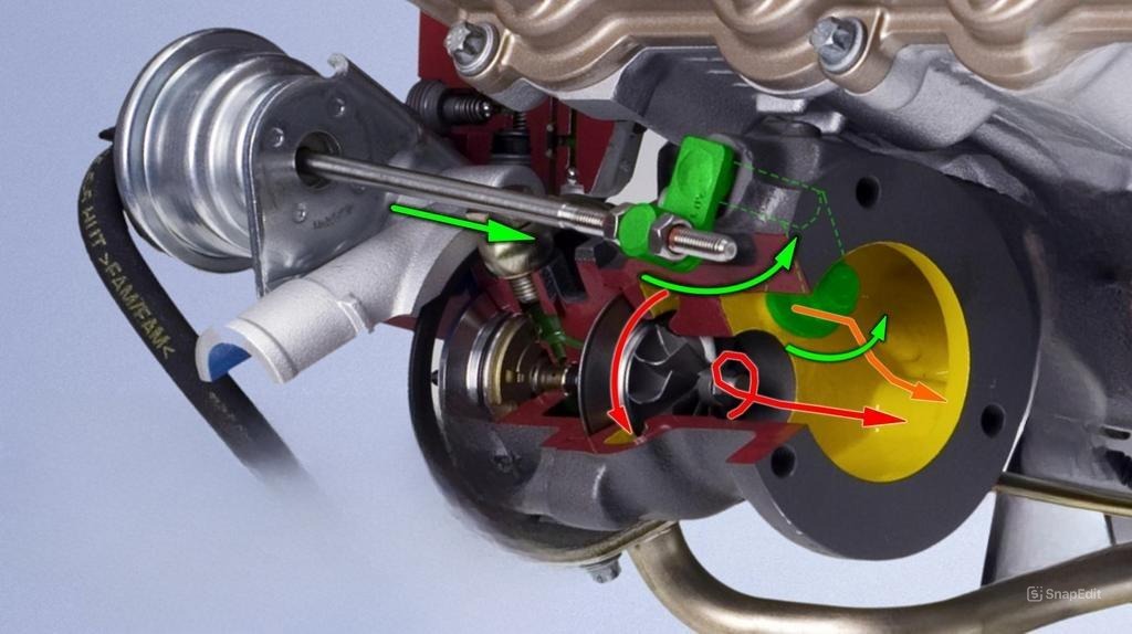 Электронный актуатор турбины, присоединенный к клапану Wastegate на фоне двигателя автомобиля.