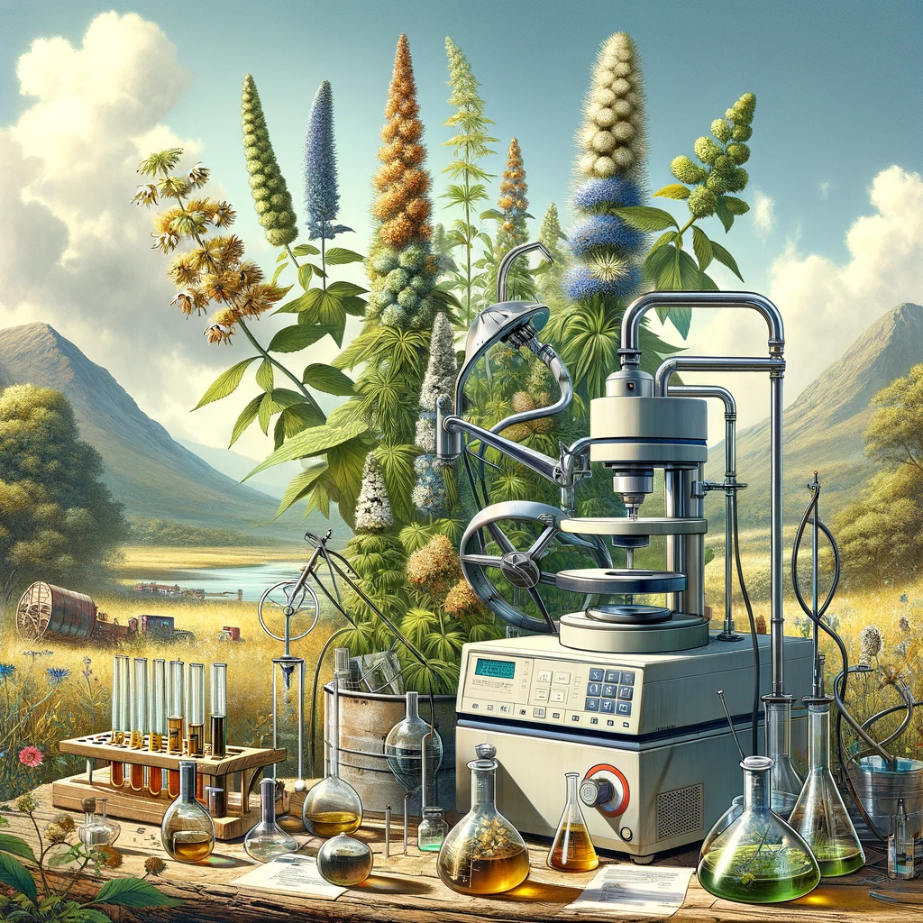 A metaphorical illustration representing the concept of bioprospecting in the study of Artemisia species. The image features a laboratory set against a backdrop of natural landscape, symbolizing the blend of traditional knowledge and modern scientific techniques. In the foreground, various Artemisia plants (A. absinthium, A. alba, A. annua, A. verlotiorum, A. vulgaris) are growing in the wild. Nearby, there are glass flasks and test tubes containing extracts of these plants, connected to a mass spectrometer. This setup represents the exploration of plant-based compounds for medical advancements, showcasing the fusion of ethnobotanical wisdom with contemporary technological advancements.