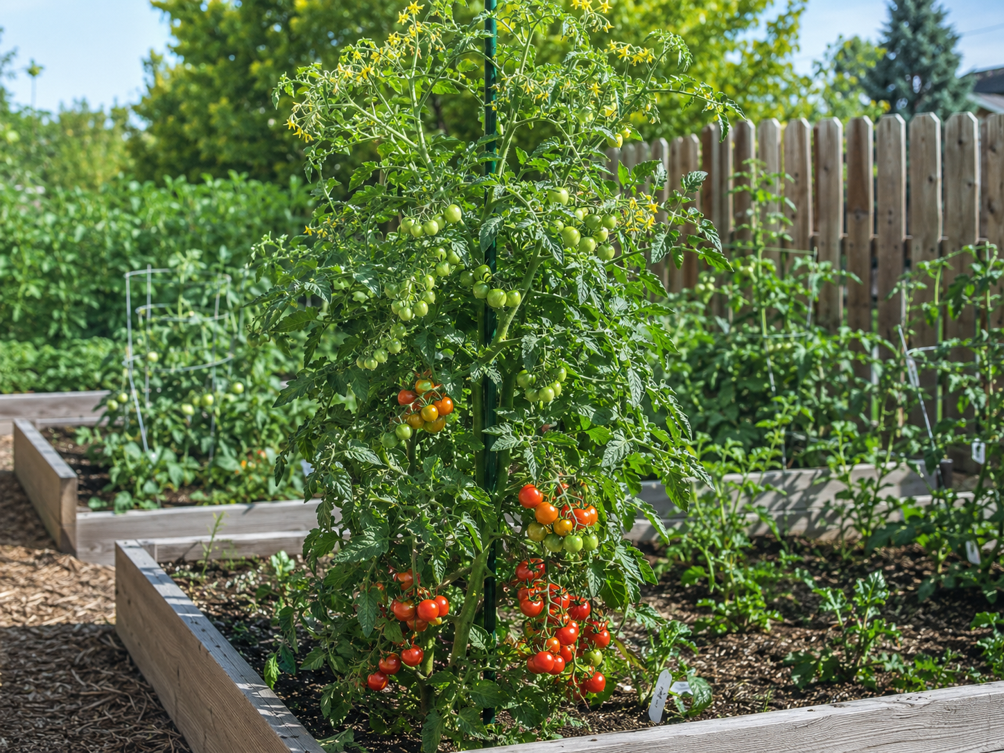Indeterminate tomato plant with multiple clusters of fruit at different ripening stages in a backyard raised bed
