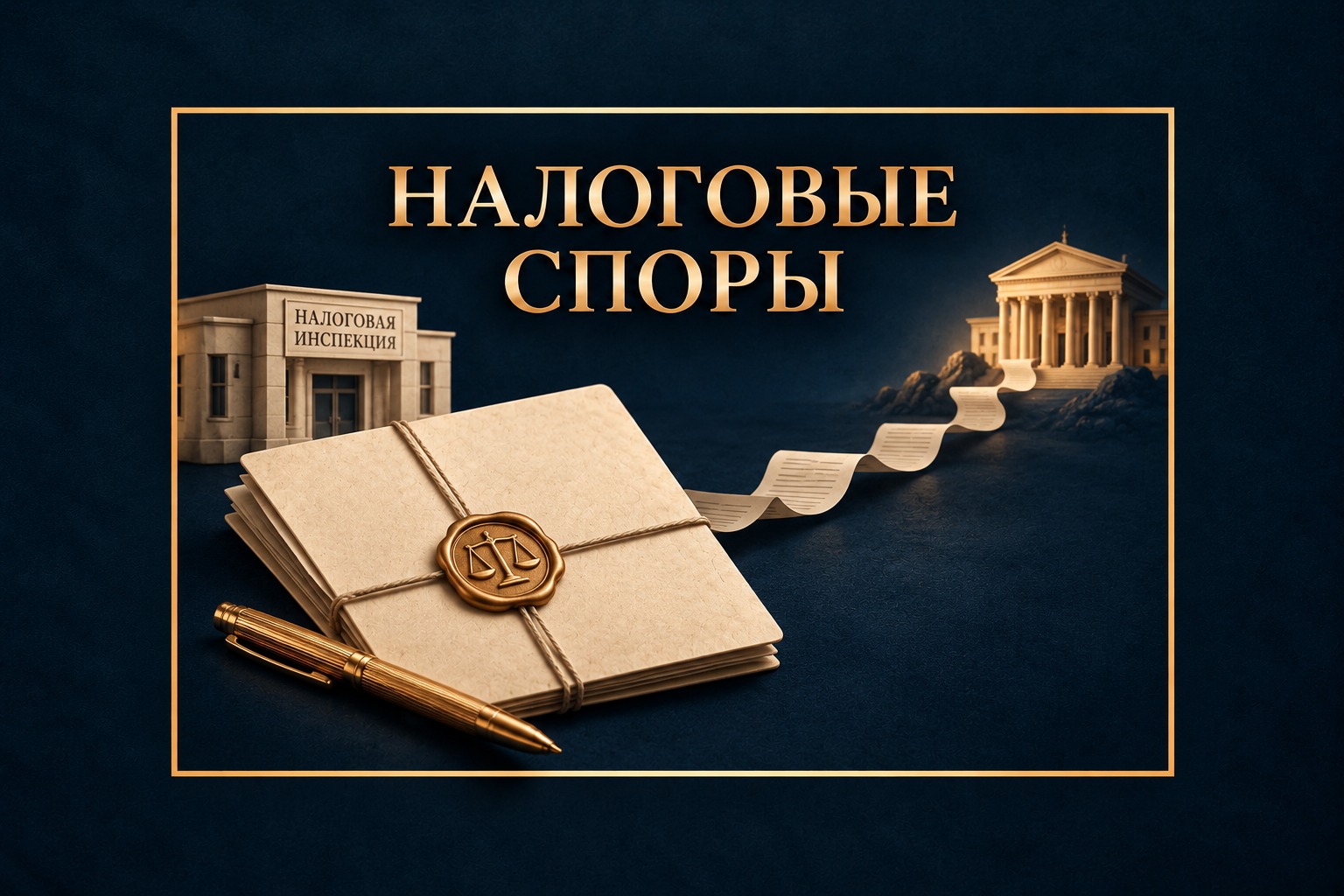 Концептуальная обложка «Налоговые споры»: папка проверки между налоговой инспекцией и условным зданием суда