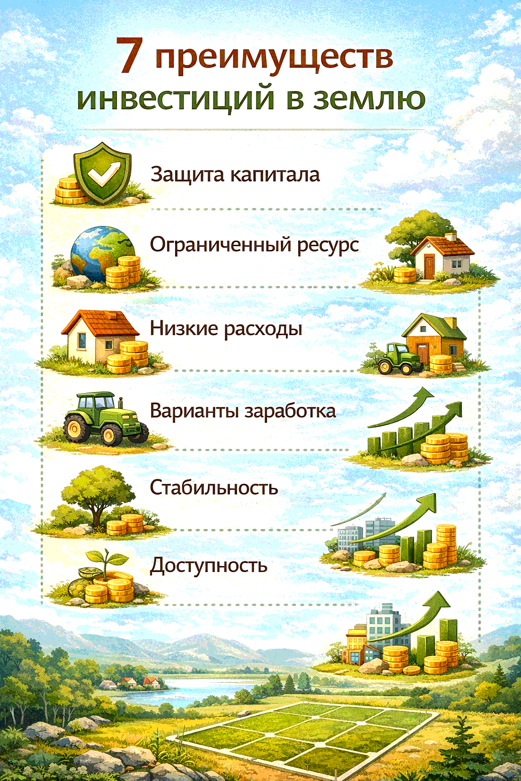 Инфографика: 7 преимуществ инвестиций в землю — защита капитала, ограниченный ресурс, низкие расходы, варианты заработка, стабильность, доступность и потенциал роста