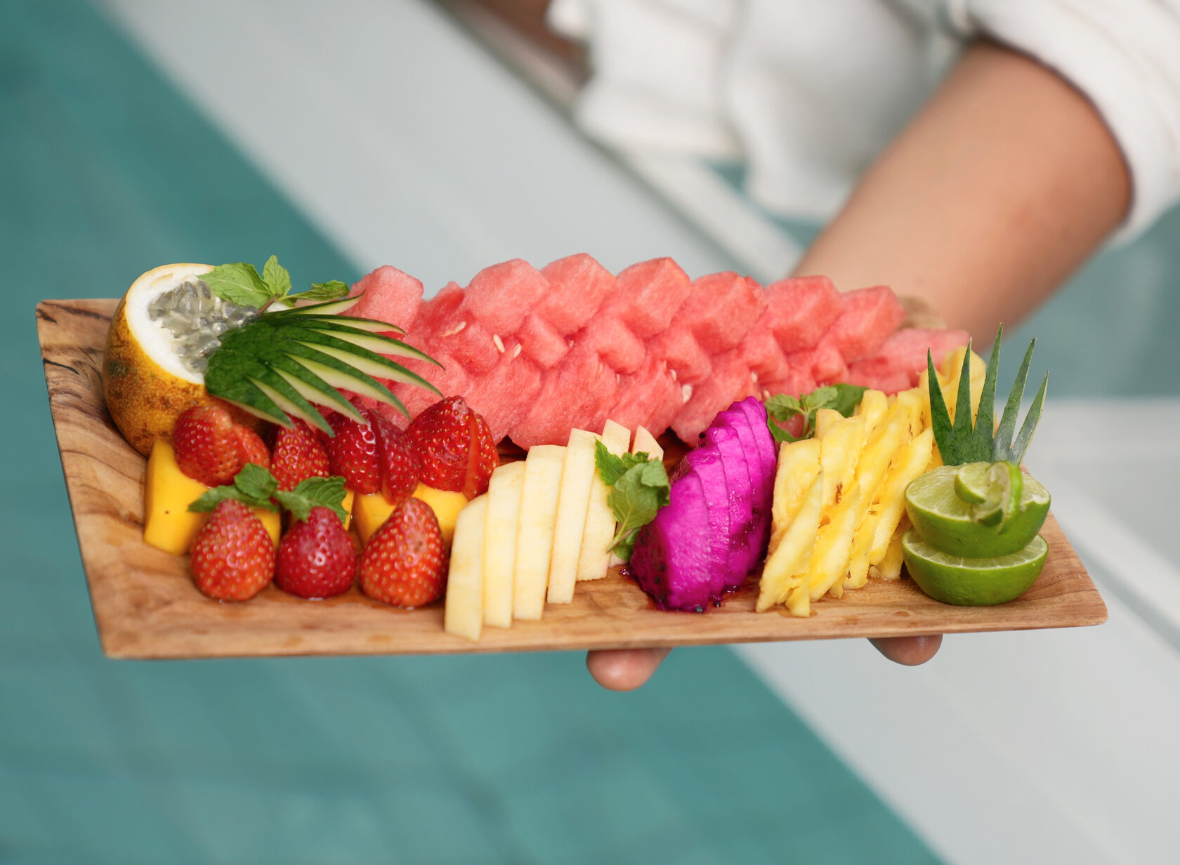 Fruit plate. Strawberries, mango, pineapple, citrus, watermelon, passion fruit.