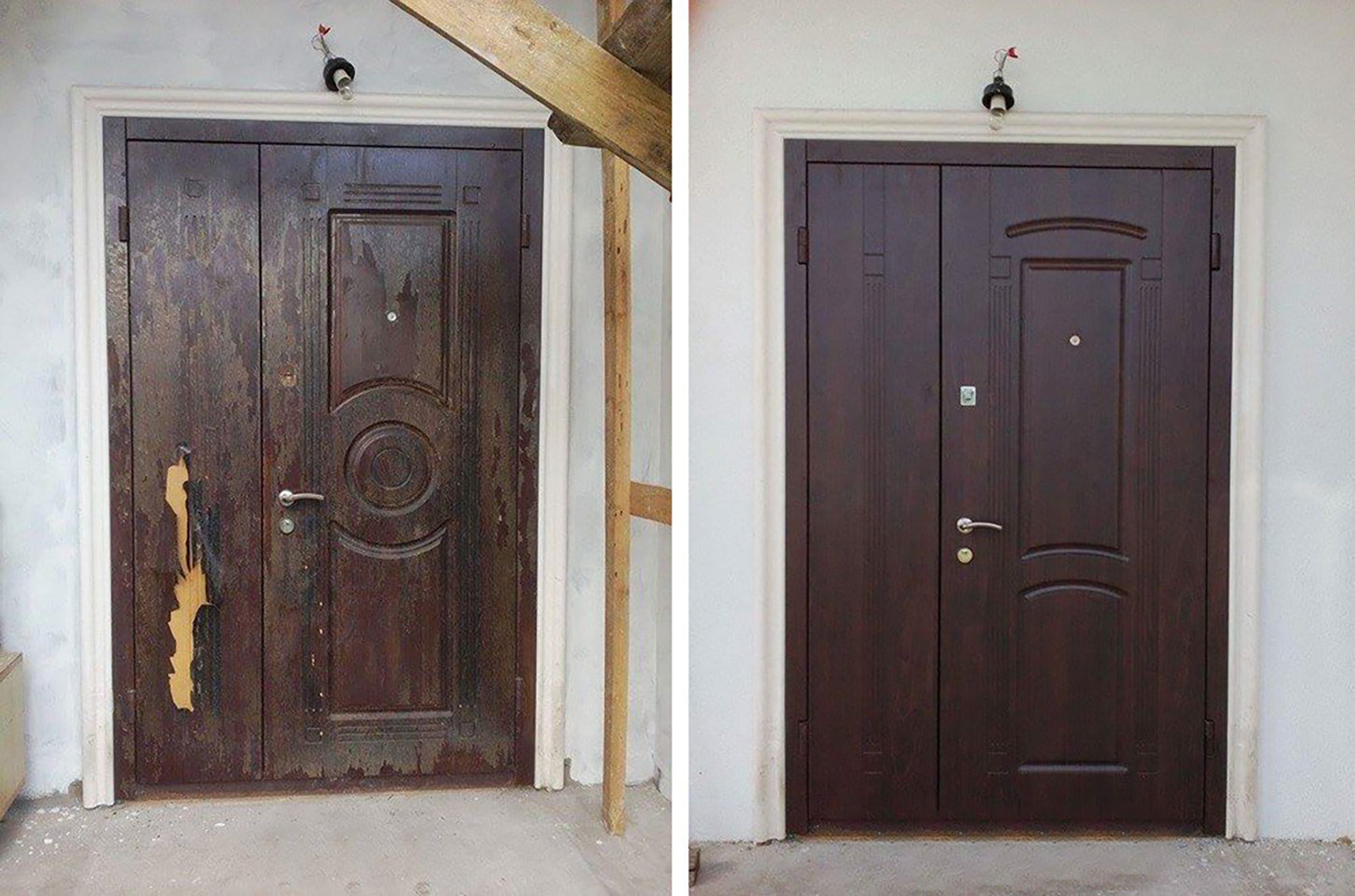 Найти ремонт дверей. Реконструкция старых деревянных дверей. Реставрировать деревянные двери. Реконструкция входной двери. Перекраска входной двери.