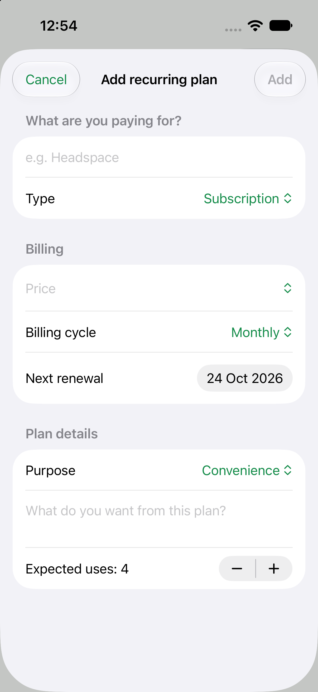 C:Plan add recurring plan screen